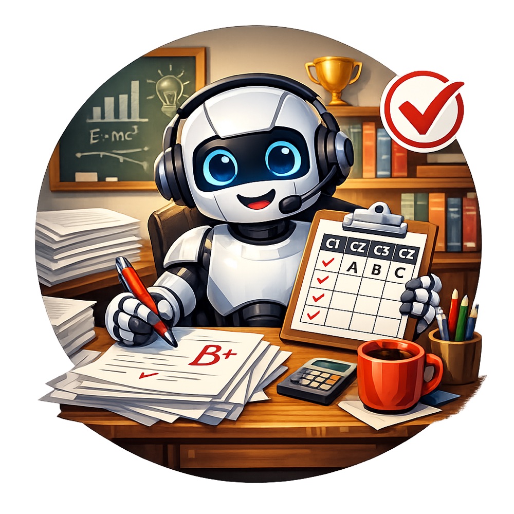 Robot corrector evaluando trabajos con una rúbrica